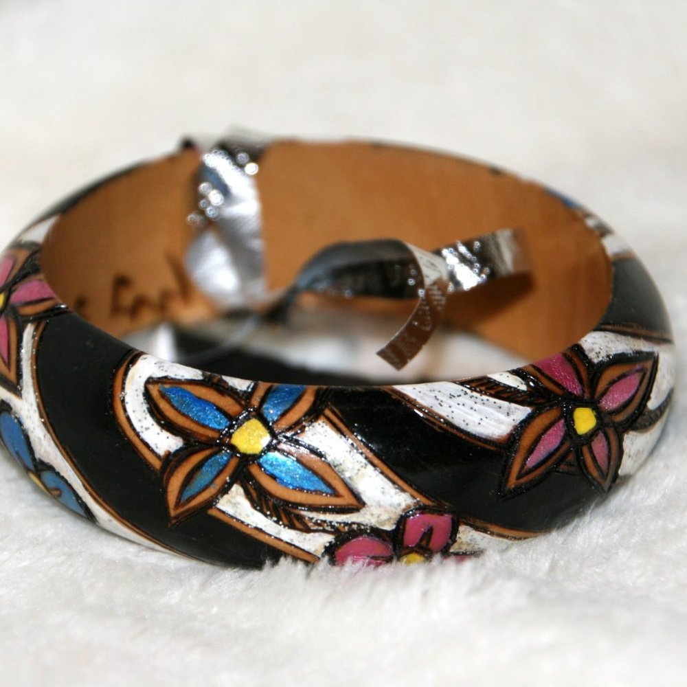 Wood burned & Hand-Painted Blue & Pink Bracelet